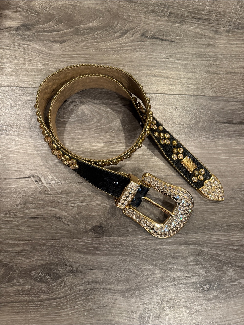 B.B. Simon Lavasan Black and Gold Leather Belt with Crystal Accents